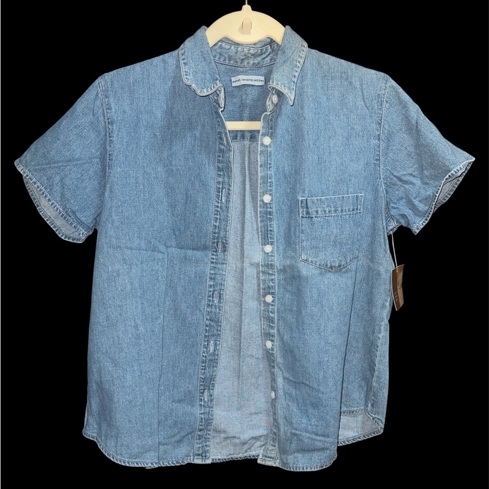 Marsh Landing Petites Medium Blue Denim Vintage Button Up Top